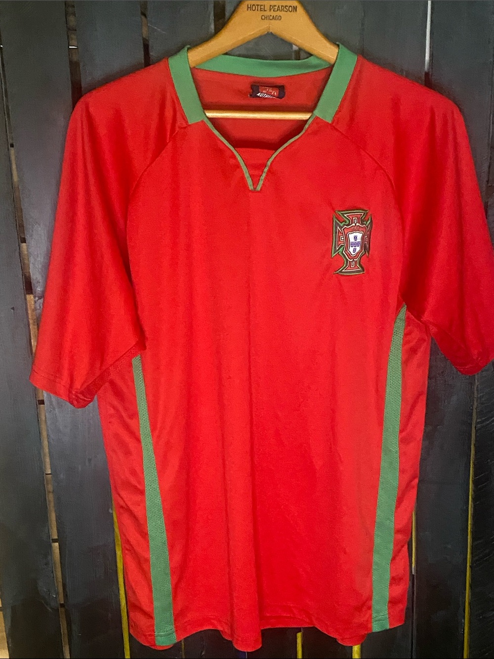 Cristiano Ronaldo Portugal Men's Red Soccer Jersey with Green Trim large
